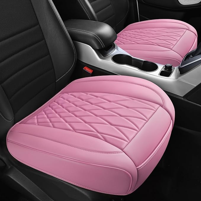 CAR PASS 2 Pack Leather Front Car Seat Covers, Bottom Seat Covers Full Wrapped with Storage Pocket, Anti-Slip Leather Seat Protectors,Waterproof Seat Cushion Pad Universal Fit Sedan SUV Truck, Pink