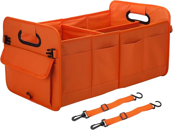 Trunk Organizer For Suv & Sedan,Car Organizers and Storage, Waterproof Collapsible & Adjustable Straps,70L Sturdy Car Organization for Car Accessories, Tools,Sundries,2-3Compartment（Orange