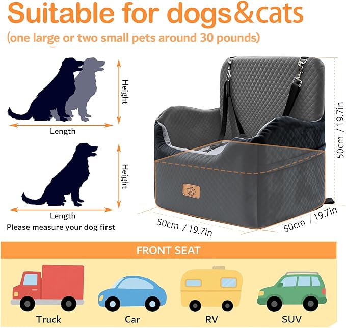 Memory Foam Dog Booster Seat Under 35 lbs, Medium Dog Car Seat, Comfortable Hi-Density Sponge Car Bed for Small/Medium Pets,Detachable and Washable Pet Travel Bed with 2 Adjustable Safety Belt