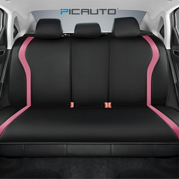 PIC AUTO Leather Car Seat Covers, Premium Automotive Waterproof Front & Rear Full Set Bucket Car Seat Protectors, Black and Pink PVC Patchwork, Fits for Cars, Trucks, Van, SUV, Airbag Compatible