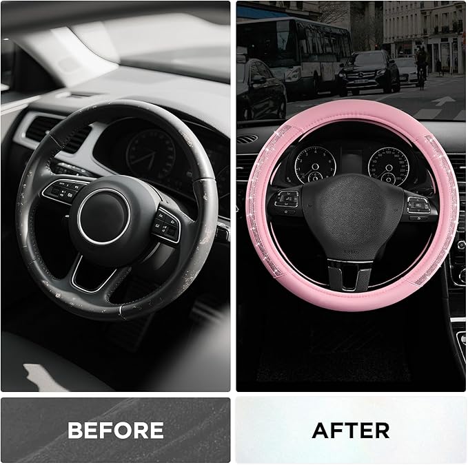 Road Comforts Steering Wheel Cover, Glitter Bling Leather Wheel Cover, Universal Fit 14.5"-15.5" Steering Wheels for Women & Girls, Anti-Slip Car Wheel Protector for Cars, Trucks, Vans, SUVs-Pink