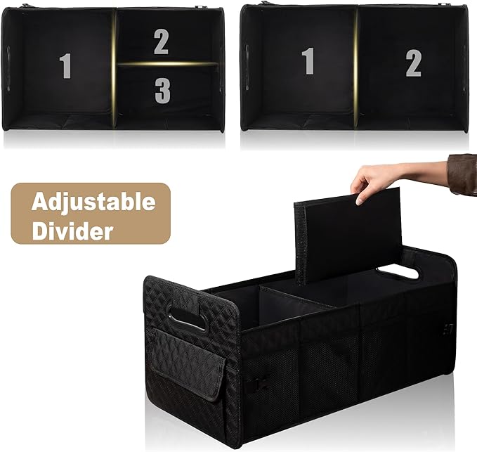JiatuA Car Trunk Organizer for SUV, Car Storage Organizer Collapsible Multi Compartment Container Box, Adjustable Car Accessories for Women/Men, Large Black