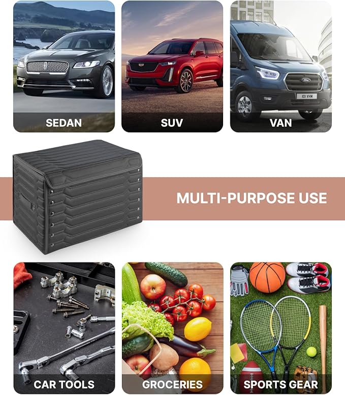 Owleys Trunk Storage 17.7" Collapsible Crate For Groceries, Tools & Travel Gear - Eco-Leather Car Organizer With Magnetic Lid - Practical Birthday Gift For Men (Highway 17)