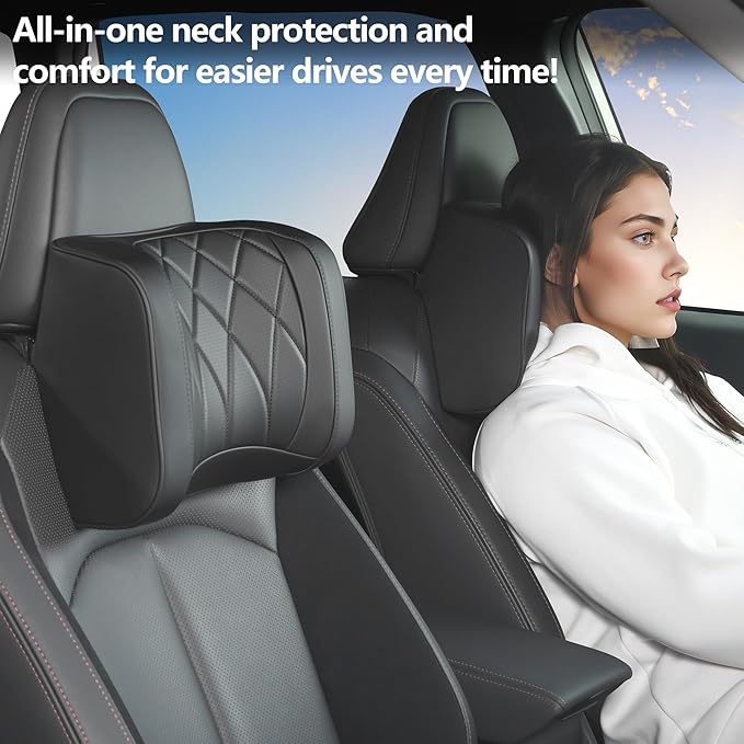 Car Headrest Pillow U-Shaped, Memory Foam Head Neck Support Cushion for Driving, Leather Head Rest Travel Pillows for Sleeping, Breathable Removable Cover, Black, 1 Pack