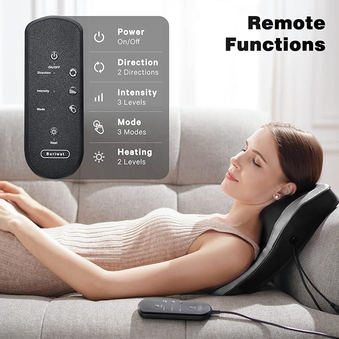 Boriwat Back and Neck Massager with Heat - 3D Kneading Massage Pillow for Neck, Shoulder, Leg Pain Relief - Gifts for Men, Women, Mom, Dad - Relax at Home, Office, Car - Dark Gray