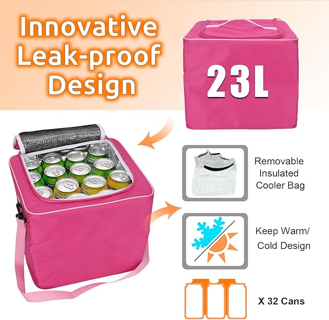 Collapsible Trunk Organizer with Insulated Leakproof Cooler Bag,Removable Lid,Adjustable Securing Straps,3 Compartments Trunk Organizer for SUV,Truck,Sedan(Pink)