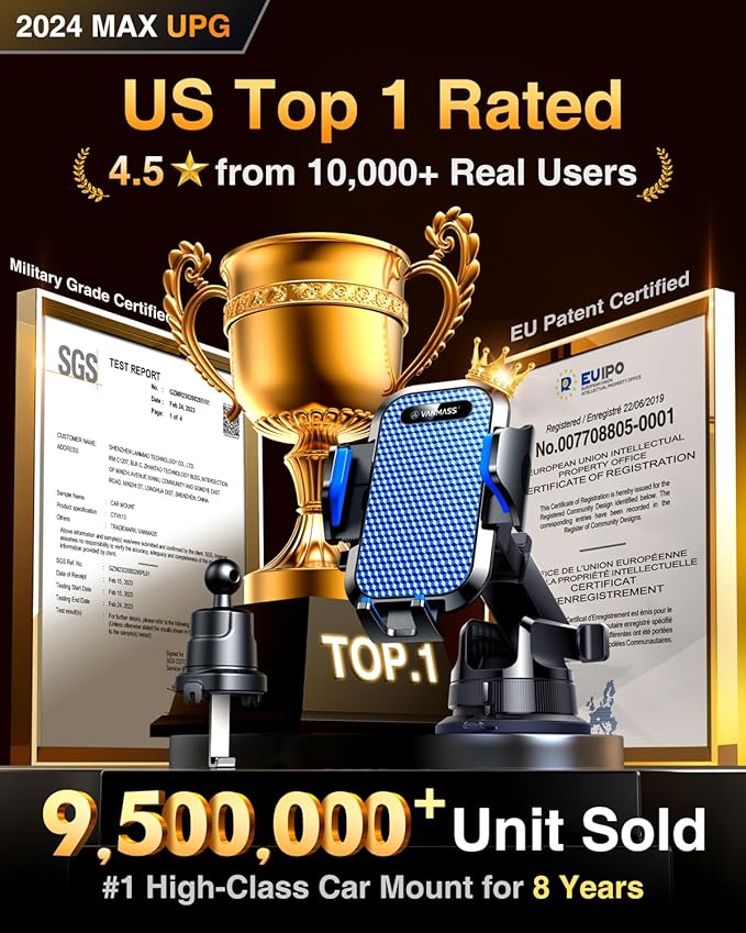 VANMASS [True Military-Grade] Car Phone Holder [Best Suction & Clip] Cell Phone Mount for Dashboard Windshield Vent Truck Cradle Dash Stand for iPhone 15 Pro Max 14 13 12 Android, Blue