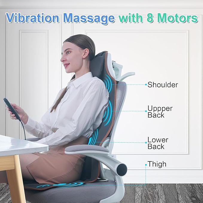 Sotion Back Massager for Chair with Heat, Massage Chair Pad for Recliner with 8 Vibration, Seat Cushion for Seniors, Office Workers & Family, Fatigue & Pain Relief in Office, Home & Travel