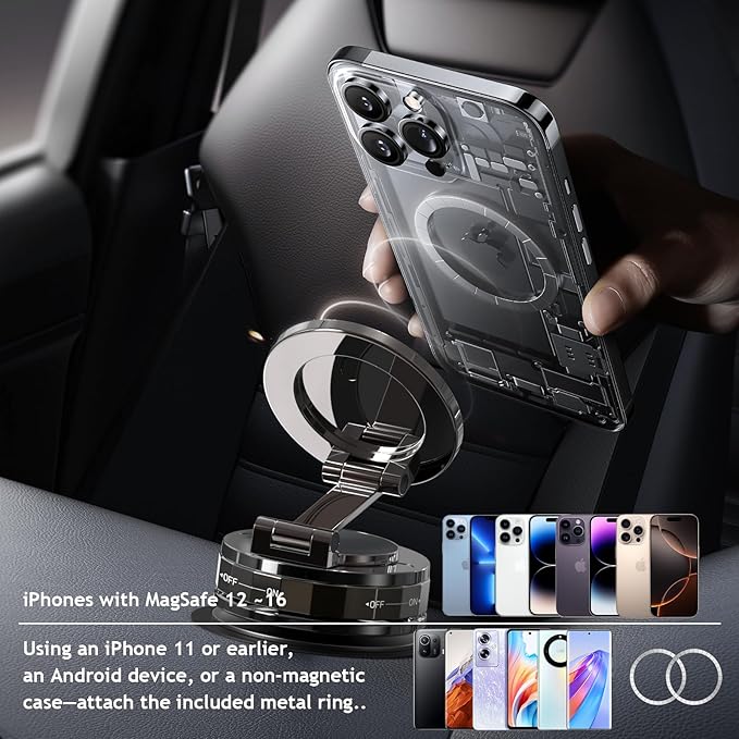 Phone Holders for Your car, Compatible with MagSafe, Ultra Vacuum Suction Cup Mount, 360° Rotation, Car Phone Holder Compatible with All Models, Carbon Fiber Deep Brown