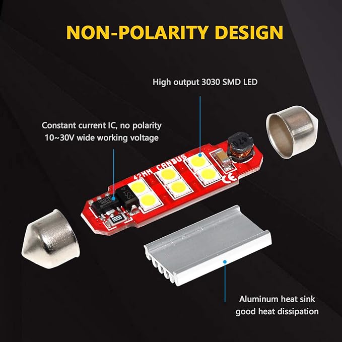PHINLION 578 LED Bulb White 500 Lumens Super Bright 3030 6-SMD Festoon 41mm 42mm 211-2 212-2 LED Bulbs for Car Interior Map Dome Reading Trunk Courtesy Lights, Non-polarity, Pack of 4