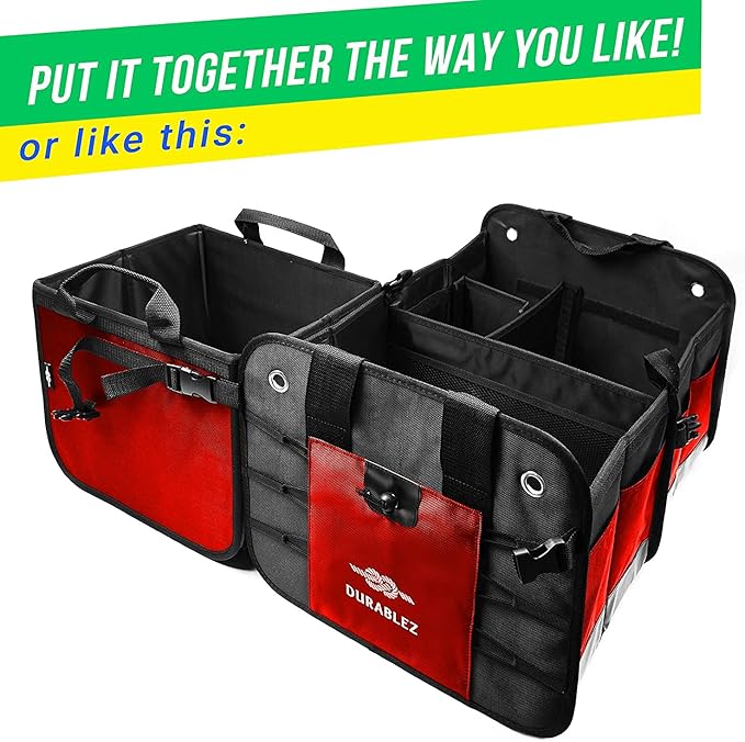 XL Trunk Organizer 3-Section Modular – Extra Large Car Storage for Groceries & Travel Gear, Multi-Compartment Foldable Cargo Bin – Red