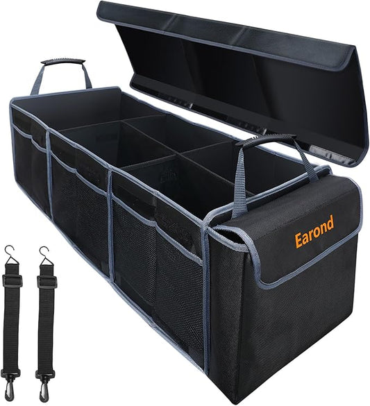 Car Trunk Organizer with Lid,Collapsible Car Storage Organizer with Multi Compartments and Securing Straps for SUV,Sedan,Jeep-Black & Grey