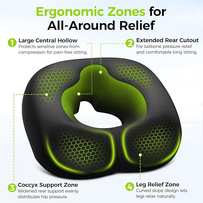 AUVON Sensitive Care Donut Pillow Seat Cushion for Hemorrhoids & Post-Surgery, Sciatica Relief, Donut Chair Cushions with Sloped Design for Thigh Pressure Relief, Memory Foam Lifting Cushions