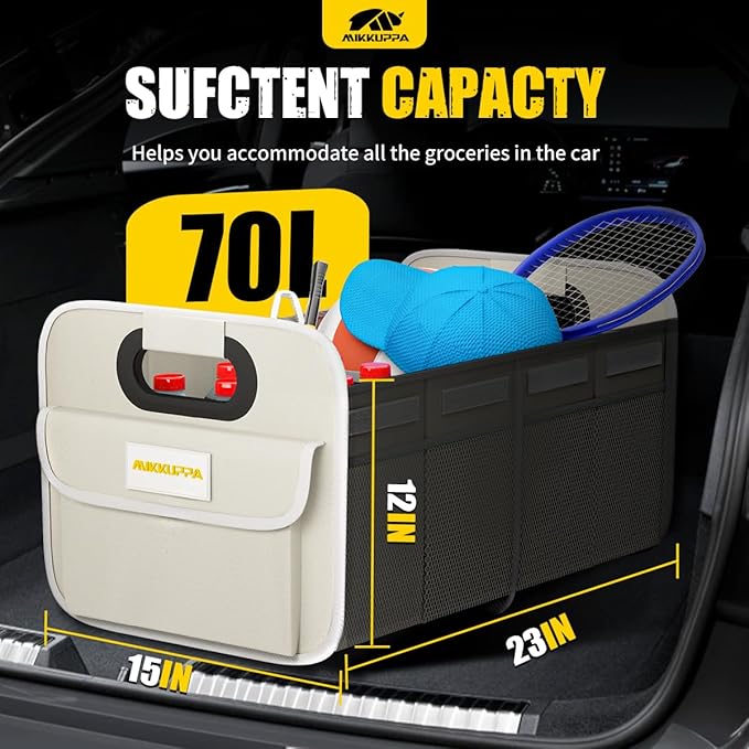 MIKKUPPA Car Trunk Organizer - 70L Collapsible Trunk Organizer for Groceries, Car Storage Organizers for SUV Auto Truck Van with Non Slip Bottom (White)