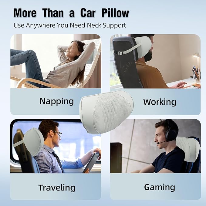 Car Neck Pillow – Premium Memory Foam Headrest with Soft Nappa Leather Feel, Ergonomic Support for Long Drives, Fits Most Vehicles(1, Grey)