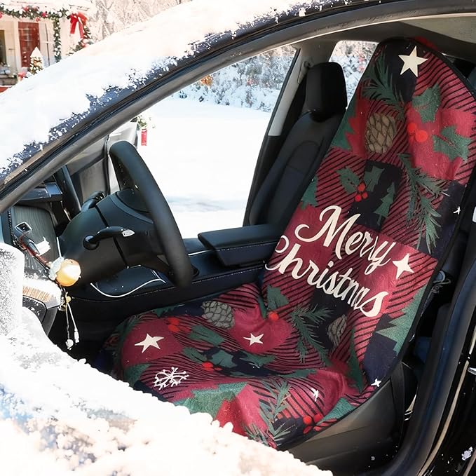 Universal Car Seat Cover Towel, Waterproof Washable Sweat Protection for Front Bucket Seats, Non-Slip Fit, Fits Cars SUVs Trucks, Ideal for Gym, Kids, Pets, Outdoor Sports, Travel (Christmas, 2 Pack)