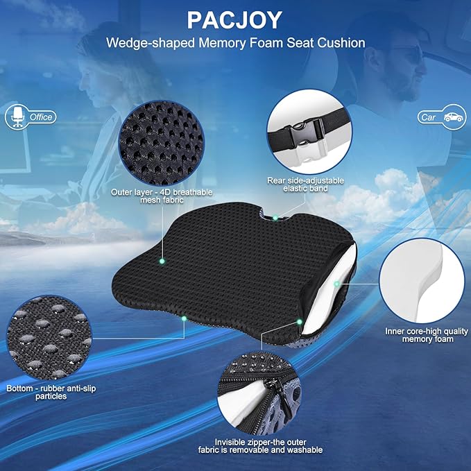 Premium Car Seat Cushion for Enhanced Comfort - 100% Polyurethane Wedge-Shaped Memory Foam Design, Improves Driving Visibility & Relieves Sciatica and Coccyx Pain.