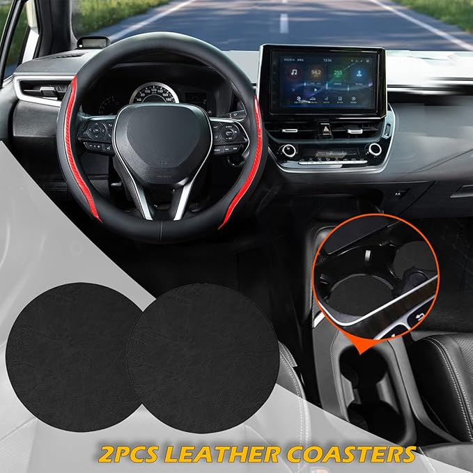 Steering Wheel Cover Black Red, Carbon Fiber Car Steering Wheel Covers with Coasters Universal 14.5-15 inch Leather Microfiber Breathable Anti-Slip Steering Wheel Accessories Set