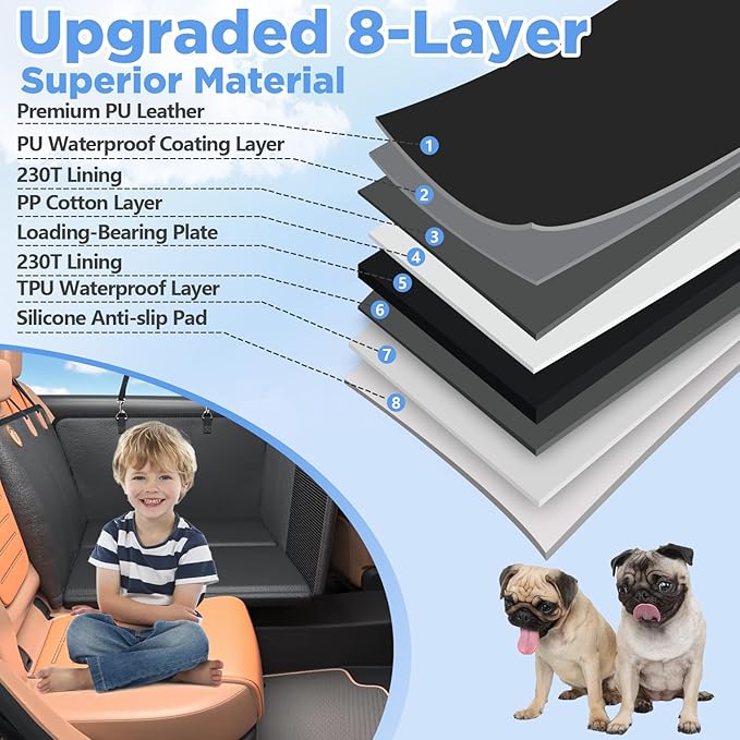 Back Seat Extender for Dogs, Hard Bottom Dog Car Seat Cover for Truck Back Seat, Dog Hammock for Car, Upgraded PU Leather Material, Larger Space, Holds 400lbs