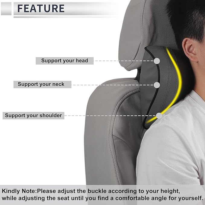 Car Headrest Pillow Ergonomic Comfortable Neck Support Pillow Nappa Leather and Memory Foam Adjustable Width Grey 1 Pc for Driving Travel