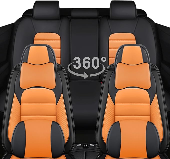 5 Car Seat Covers for Audi A4 2002-2026 Breathable Leather,Waterproof Car Seat Protectors with Comfort Headrest Pillows,Automotive Vehicle Cushion with Storage Pockets (Luxury,Orange)