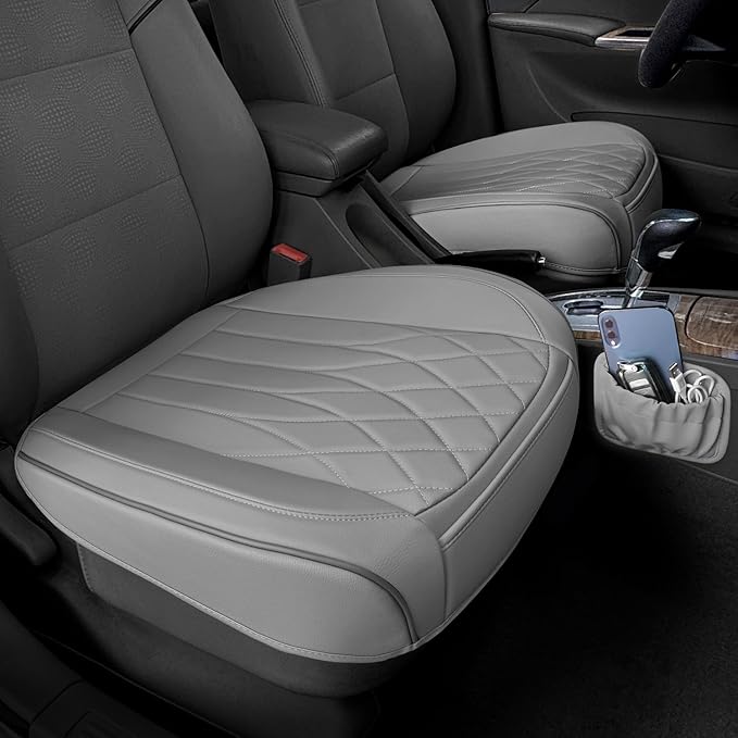 2 Pack Leather Front Car Seat Cover Bottom Car Seat, Universal Anti-Slip Driver Car Seat Protectors with Storage Pocket, Waterproof Bottom Auto Seat Cushion Pad Mat for Most Vehicles(Gray)