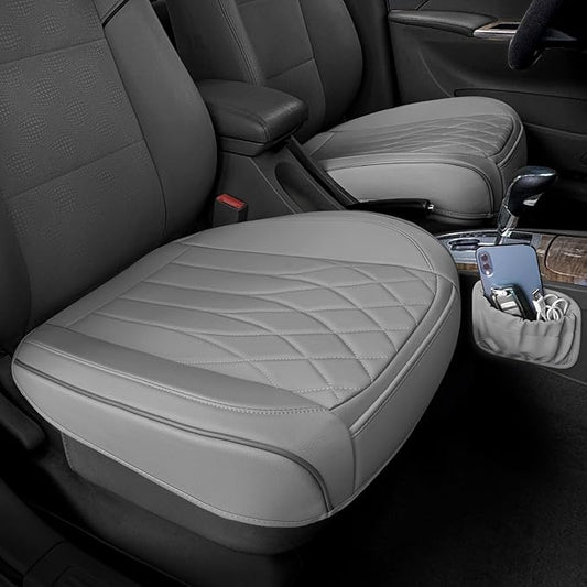 2 Pack Leather Front Car Seat Cover Bottom Car Seat, Universal Anti-Slip Driver Car Seat Protectors with Storage Pocket, Waterproof Bottom Auto Seat Cushion Pad Mat for Most Vehicles(Gray)