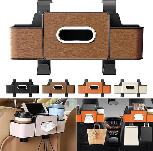 Car Backseat Organizer with Tissue Holder, Multifunctional Storage Rack with Cup Holder and Phone Holder, ABS Material with Leather Finish, Adjustable (Brown)
