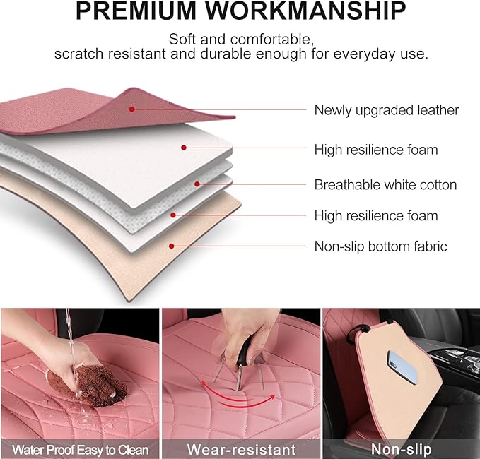 1 Pack Leather Front Car Seat Cover, Universal Sideless Car Seat Protector with Storage Pocket and Seat Belt Pad, Waterproof Automotive Seat Cover Cars Trucks SUV(Pink)