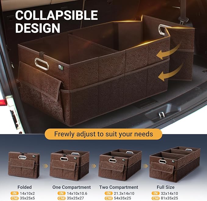 MIU COLOR Trunk Organizer for Car, 12 Pockets Sturdy Car Organizer for SUV, Non-Slip Bottom, Storage Organizer for Sedans, Van, Jeep, Grocery, Large 3 Compartments, Brown Vintage 32"×13"×10.6"