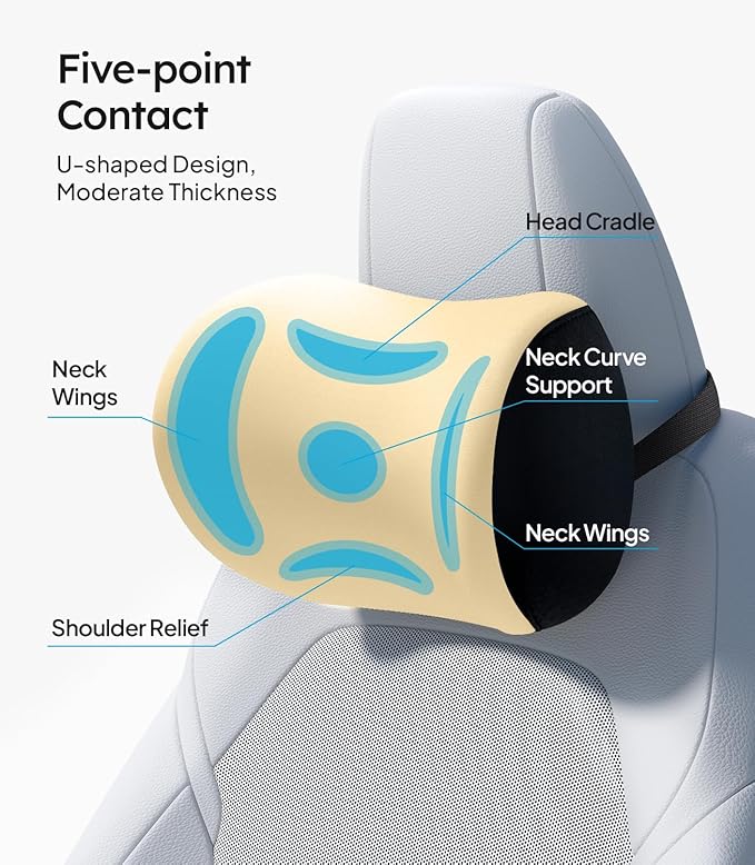 Wigoo 2026 Upgrade Car Neck Pillow [No More Pressure, Odorless] Soft Car Headrest Pillow with Adjustable Strap Removable Cover 100% Memory Foam, Fits All Vehicles (Beige 2-Pack)