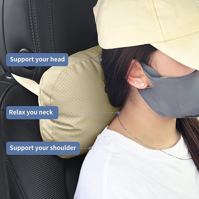 Car Neck Pillow, 2 Pack PU Leather Car Headrest Pillows with Adjustable Strips, Car Neck Support Ergonomic Du-Pont Bio Cotton Pillow, Head Rest Travel Pillow for Car (Beige, Soft Style)