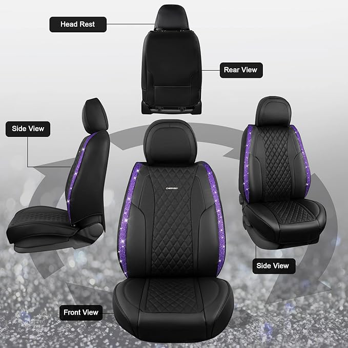 CAR PASS Bling Nappa Leather Car Seat Cover for Full Set Universal Luxury Waterproof Heavy-Duty Anti-Slip Cushioned Fit for SUV Sedan, Sparkly Glitter Shining Diamond Violet Crystal Purple Rhinestones