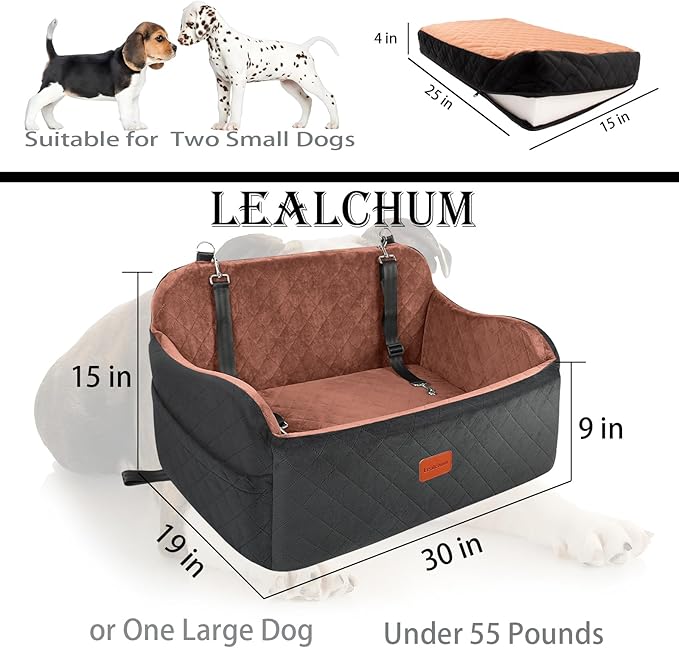 Dog Car Seat for Large Size Dog,Soft Fabric Car Dog Bed Filling Memory Foam,2 Clip-On Safety Leashs and 2 Pockets,Removable and Washable Comfy Pet Car Seat(Black/Brown, Large)