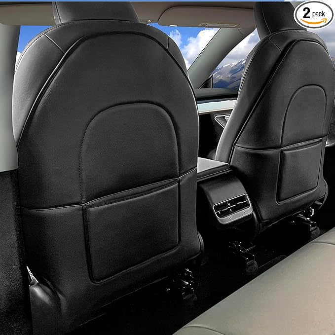 Automotive Seat Back Protector for Tesla Model 3/Y (2017-2025) - Waterproof Leather Kick Mat with Storage Pocket
