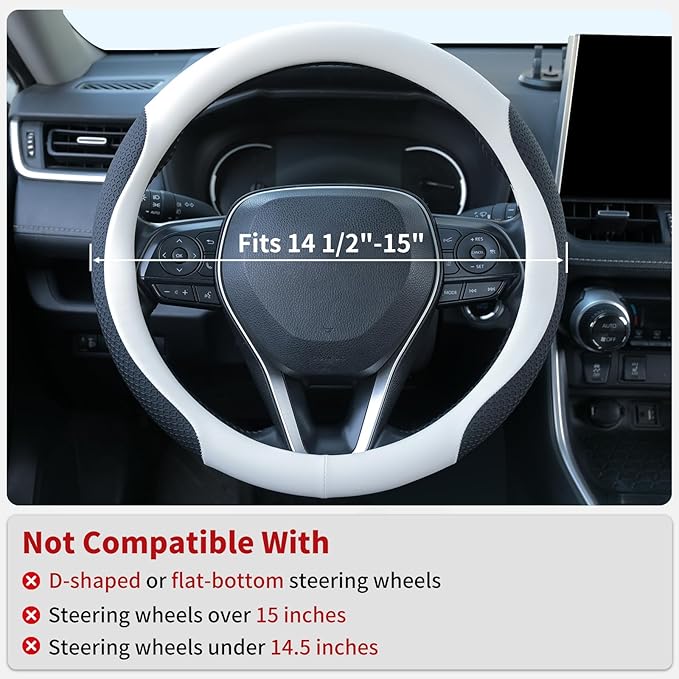 Nappa Leather Steering Wheel Cover, Universal 14.5–15 Inch Non-Slip Breathable Steering Wheel Cover for Cars, White