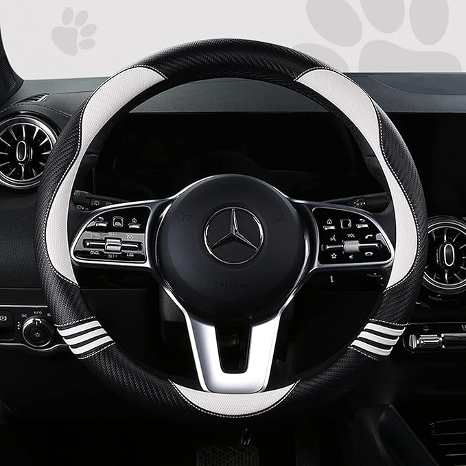 Car Steering Wheel Covers for Women Padded Carbon Fiber PU Leather Cute Auto Interior Accessories for Vehicle, Sedan, Universal, Anti Slip, White, Standard Size, 14.75-15.15in