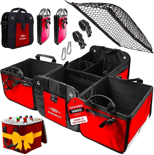 5-Section Trunk Organizer with Cooler – Extra Large Modular Car Storage System with Insulated Compartment, Foldable Multi-Module Cargo Organizer for Groceries & Travel – Red
