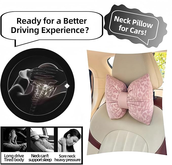 Car Headrest Pillow with Leopard Print Chic Car Interior Breathable Neck Support Cushions Fits for Most Cars (Pink Pillow)