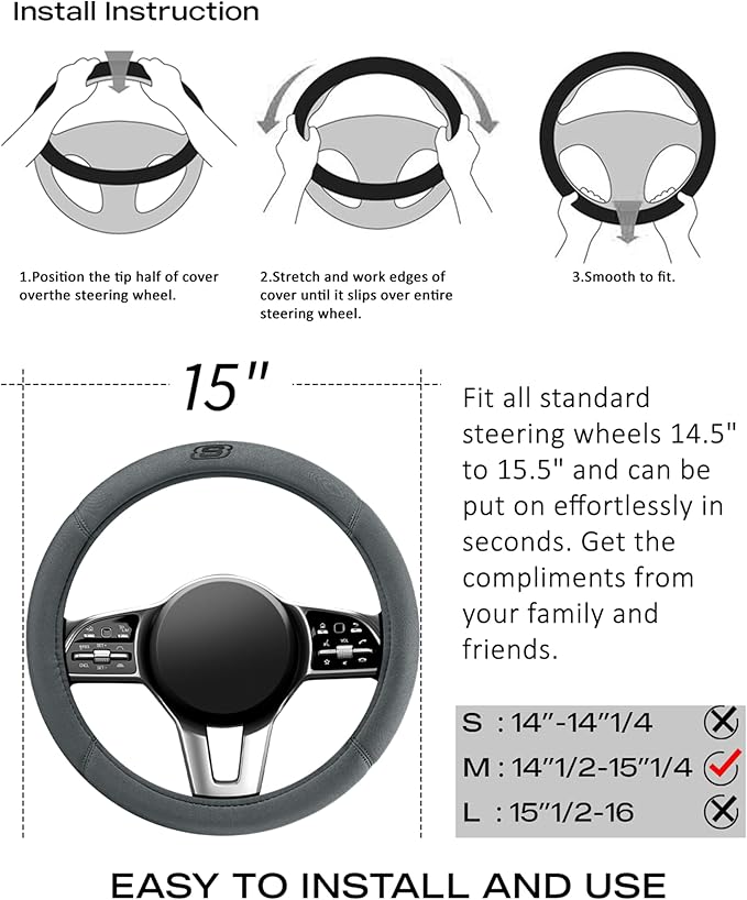 Skechers Steering Wheel Cover, Memory Foam Car Steering Wheel Covers,14.5-15inch Anti-Slip Safety Comfortable Design Universal Men Women Fits for 95% Truck,SUV,Cars(Grey)