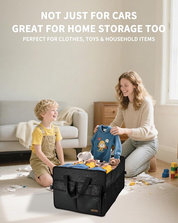 Sturdy Car Trunk Organizer – Large Capacity Trunk Organizer for SUVs & Sedans, Hard-Shell One-Piece Design with Cute Print, Collapsible and Durable Car Organizers (Black Leopard 70L)