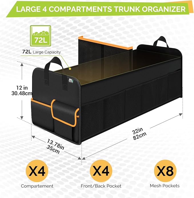 MIU COLOR Trunk Organizer for SUV, Collapsible Trunk Organizer for Car, Non-Slip Bottom, Storage Organizer for Sedans, Van, Jeep, Grocery, Large 4 Compartments, Black Mixed Orange 32"×13"×12"