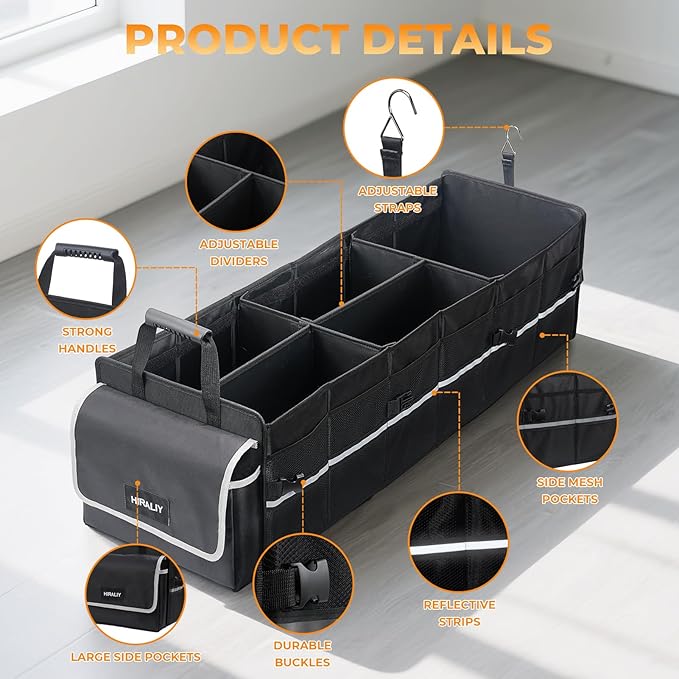 HIRALIY 4 in 1 Car Trunk Storage Organizer with Leakproof Cooler Bag, Made of 1680D Oxford and PP board, Multi-Compartment Foldable Trunk Storage Box for Car Truck SUV