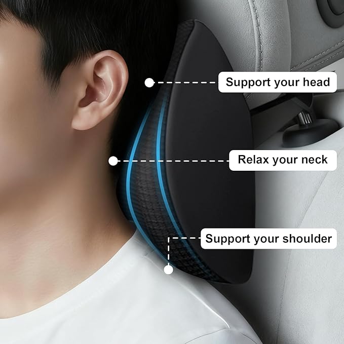 Arazi 2-Pack Car Headrest Pillow Memory Foam Car Neck Pillows for Driving with Adjustable Strap, Neck Support for Pain Relief, Breathable Removable Cover, Fit All Car Seats - Black