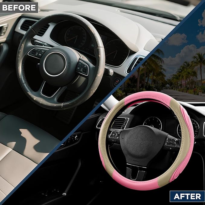 Road Comforts Car Steering Wheel Cover - Microfiber Leather Steering Wheel Wrap Sports 14.5-15 Inch Steering Wheel Cover Non-Slip for Men Women Pink & Beige Color