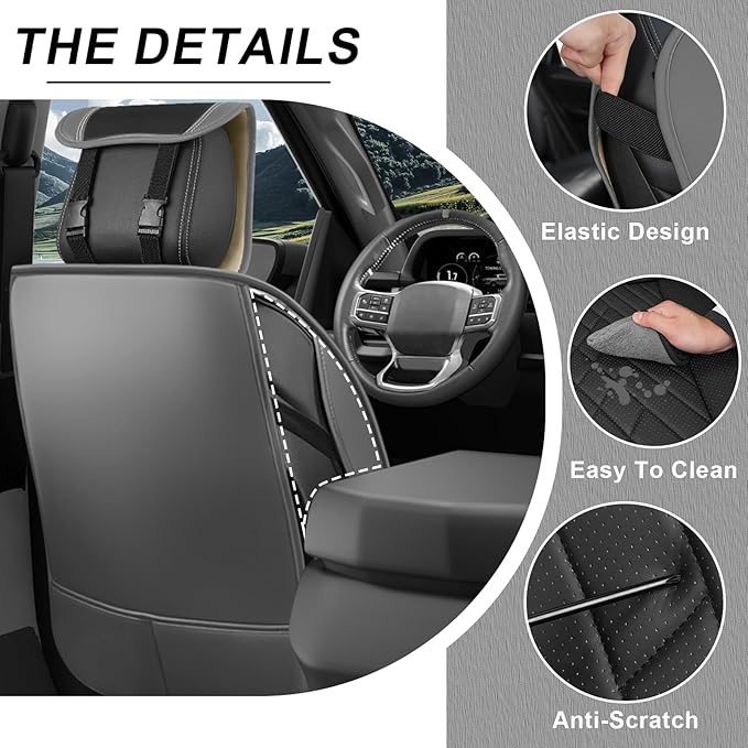 Front Set Car Seat Covers for Ford F-150 F-250 F-350 XL XLT STX Lariat King Ranch Platinum Raptor Waterproof Seat Covers 2009-2025, Anti-Slip Seat Protectors(Luxury 2 Seats/Gray Black)