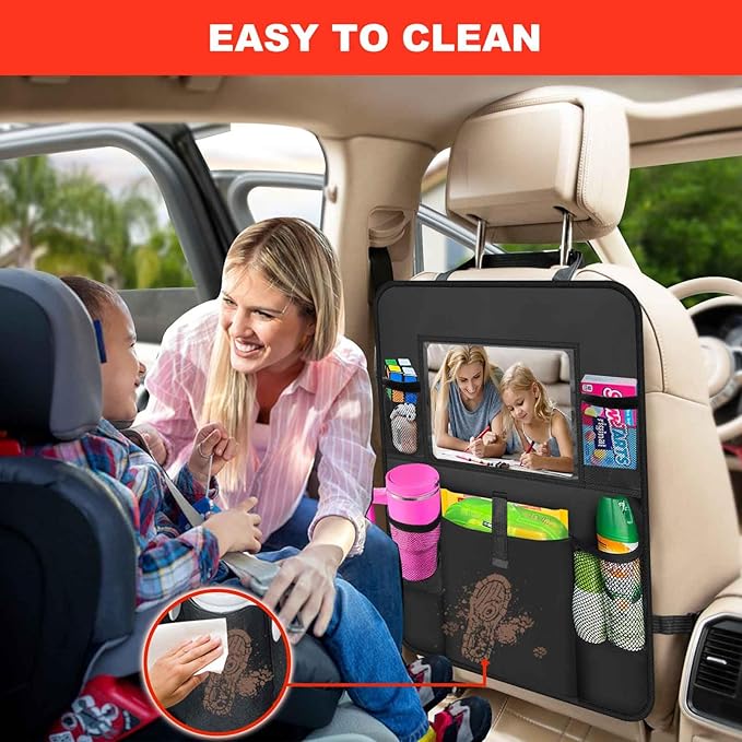 2 Pack Car Backseat Organizer with Touch Screen Tablet Holder,6 Storage Pockets Protectors Kick Mats,Car Back Seat Cover Protector Travel Accessories for Kids