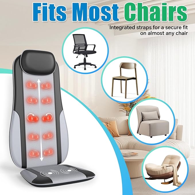 Shiatsu Back Massager with Heat, Massager Chair Pad for Pain Relief Deep Tissue with Smart Timer, Kneading Seat Cushion Vibration for Office, Home, and Travel Use