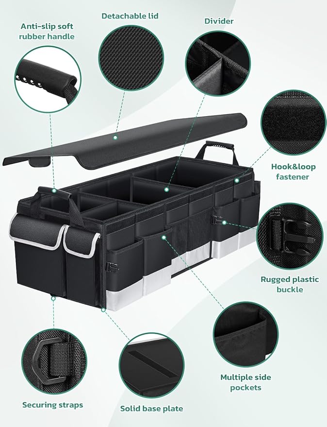 Oasser Trunk Organizer with Cooler Bag, Large Collapsible Car Trunk Organizer for SUV with Multi Compartments, Car Storage Grocery with Lid (Extra Large, Black&Grey)