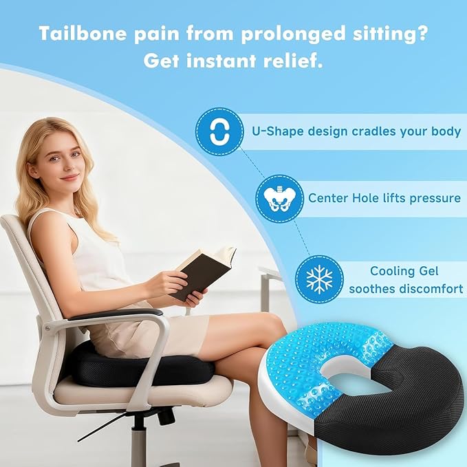 Niceeday Donut Pillow for Office Chair Seat Cushion for Car, Cooling Gel Memory Foam Cushion for Wheelchair Kitchen Chair Driving Desk Chair, Car Seat Cushion Chair Cushions for Sciatica Pain Relief